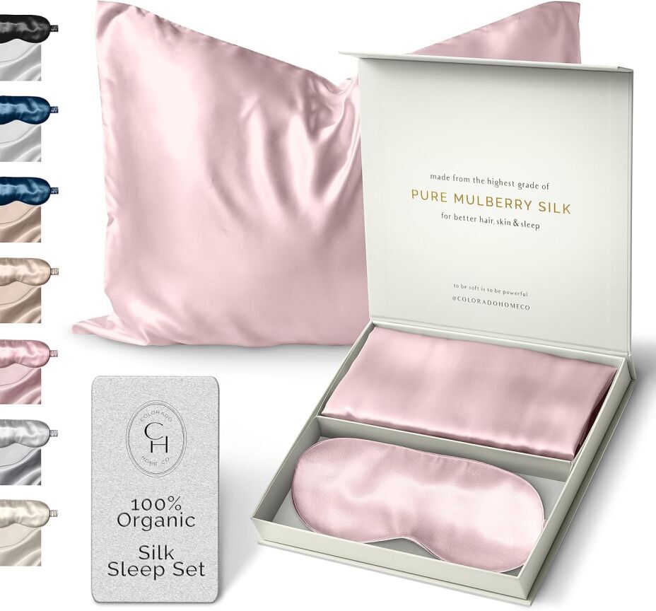 Colorado Home Co Silk Pillowcase Set - Pink Quartz Queen 100% Silk with Eye Mask