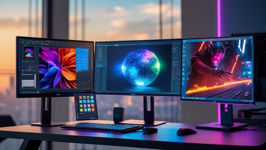 A dynamic setup featuring a Dell UltraSharp 4K monitor for work, ASUS ZenScreen OLED for portability, and Alienware QD-OLED for gaming.