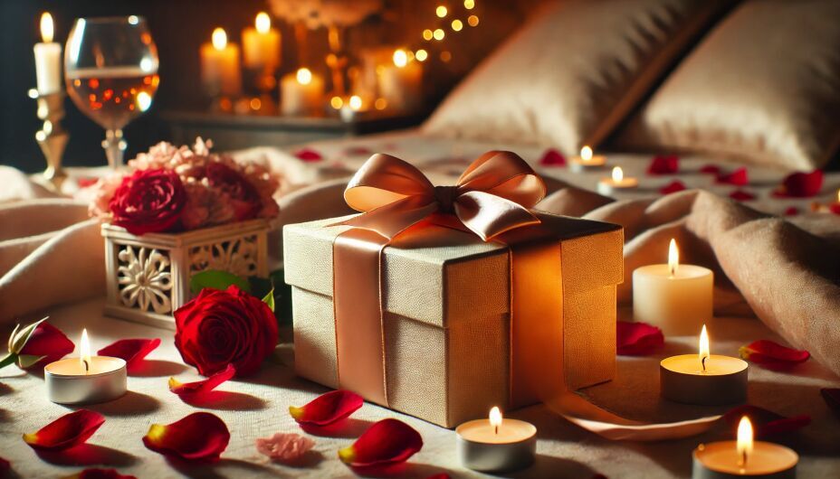 Beautifully wrapped anniversary gift with a romantic candlelit background