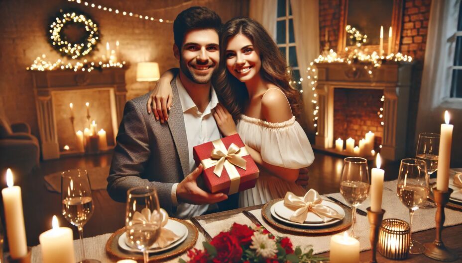 Happy couple celebrating an anniversary with gifts and a candlelit dinner