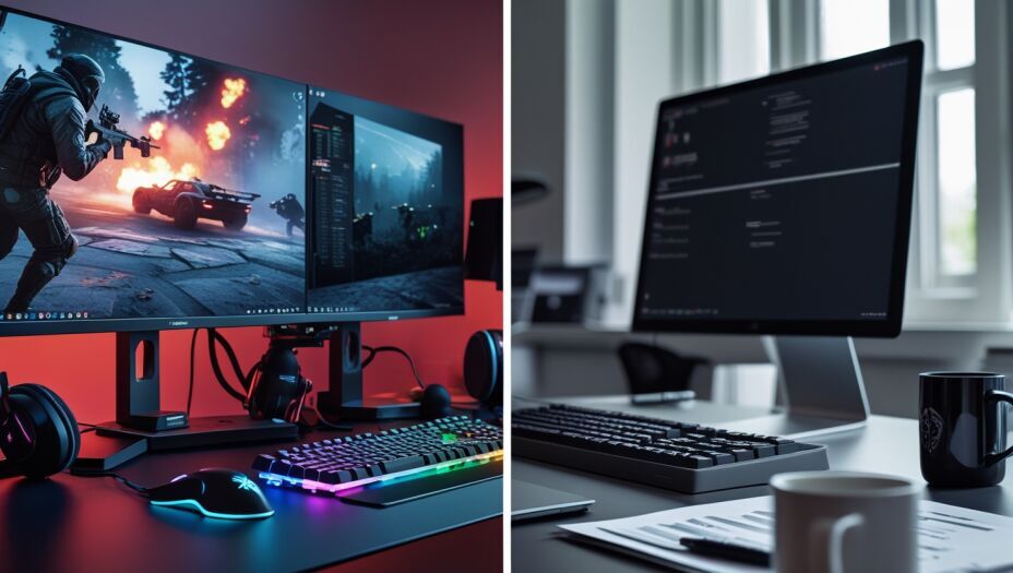 A split-screen image comparing a gamer’s RGB mechanical keyboard setup and an office worker’s quiet membrane keyboard desk.