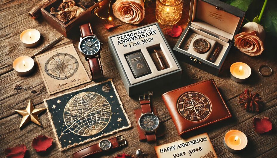 Flat lay photo of personalized anniversary gifts for men arranged on a rustic wooden table. The setup includes an engraved watch, a customized wallet, a star map, and a leather keychain. Romantic accents such as scattered rose petals and a handwritten love note enhance the warm and sentimental atmosphere.