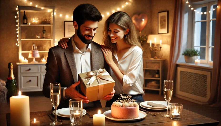 A couple sharing a romantic anniversary moment, exchanging a gift at a cozy candlelit table with champagne glasses, fairy lights, a cake, and warm smiles creating a heartfelt atmosphere.