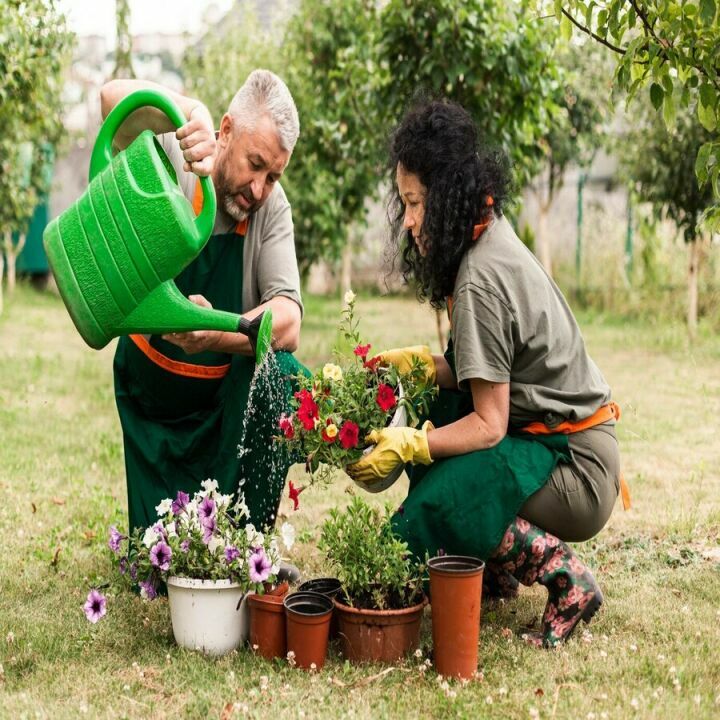 A middle-aged man with his wife is watering the pots in the garden