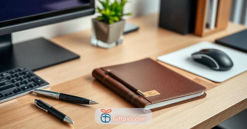 Personalized desk accessories, including an engraved pen, custom leather notebook, and branded mouse pad, ideal for thoughtful employee holiday gifts.