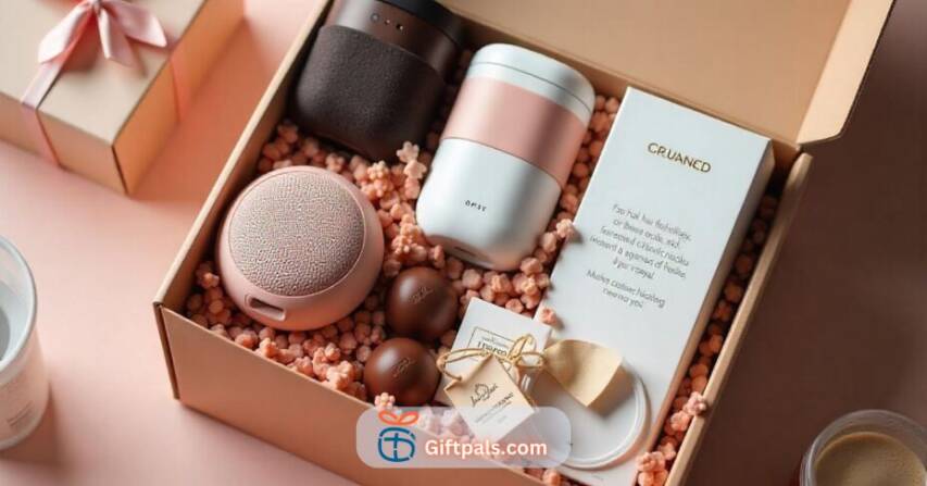 Custom corporate gift box filled with branded tech gadgets like Bluetooth speakers and gourmet treats such as chocolate truffles, highlighting the impact of personalized gifting on client retention.