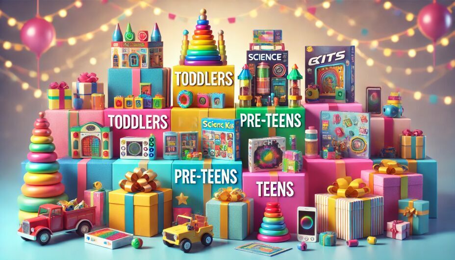 Flat lay image of birthday gift ideas for boys arranged by age group, featuring colorful building blocks, science kits, tech gadgets, and festive wrapping paper with ribbons and cards."