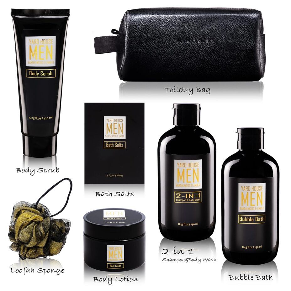 YARD HOUSE Sandalwood Amber Spa Gift Set for Men - 7 Piece Kit in Leather Bag