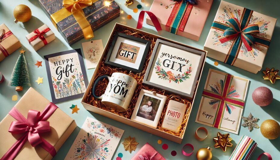 A flat lay of a personalized gift box with a custom mug, photo frame, and handwritten card