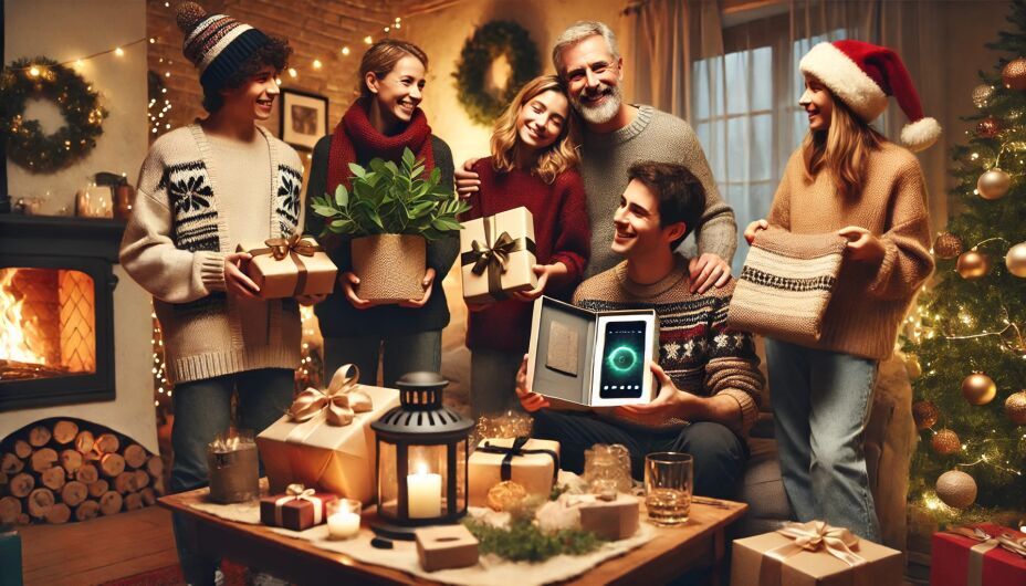 A joyful family exchanging birthday gifts in a cozy living room, showcasing a handmade scarf, a tech gadget, and an eco-friendly plant.