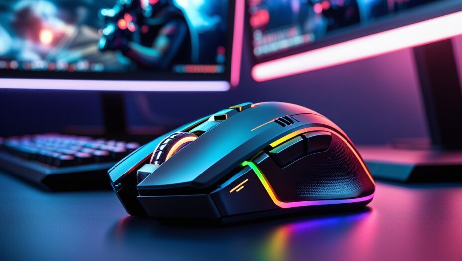 Wireless gaming mouse with LED accents on a high-tech gaming desk, showcasing the best gaming mice of 2025.