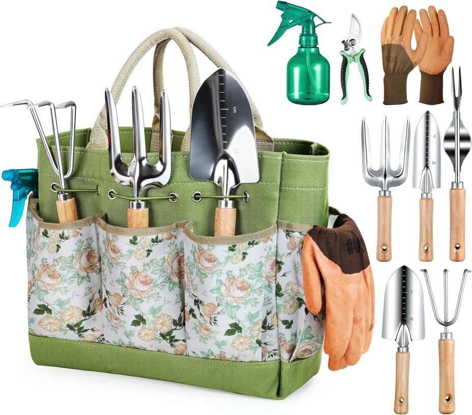 Grenebo 9-Piece Heavy Duty Gardening Tool Set with Stylish Organizer