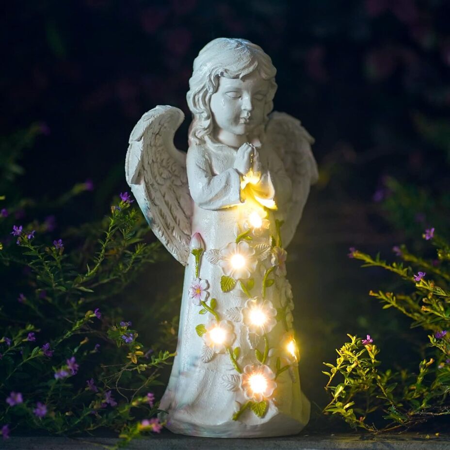 Nacome Solar Garden Angel Statue with Succulent & 7 LED Lights