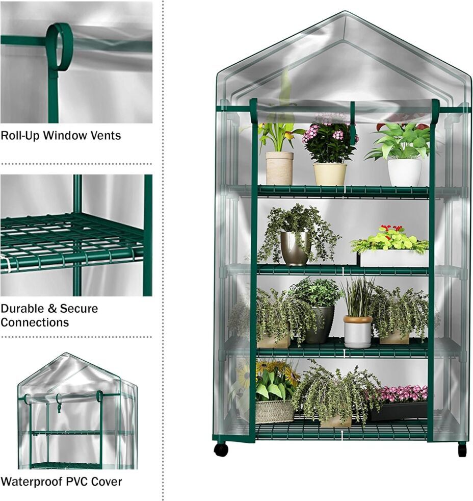 4-Tier Mini Greenhouse with Locking Wheels for Indoor/Outdoor Use