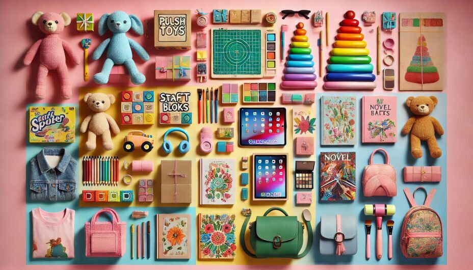 Flat-lay image of birthday gift ideas for girls arranged by age, featuring plush toys, stackable blocks, craft kits, storybooks, drawing tablets, novels, eco-friendly accessories, handbags, makeup kits, and tech gadgets, displayed on a pastel background.