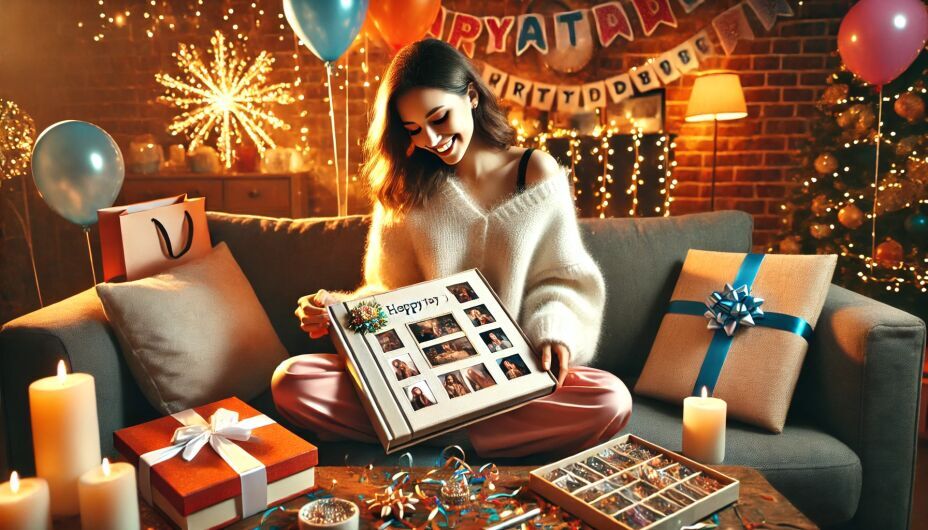 A girl unwrapping a personalized birthday gift in a festive setting with balloons, confetti, and a cozy ambiance, showcasing a custom photo album, engraved jewelry, and a handmade scrapbook."