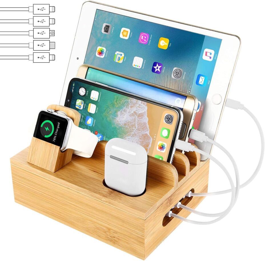 Bamboo Charging Station Dock for 4/5/6 Ports USB Charger & Organizer