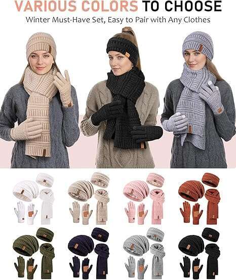 Womens Winter Beanie Hat Scarf Gloves Headband Set - Cozy Oatmeal Collection