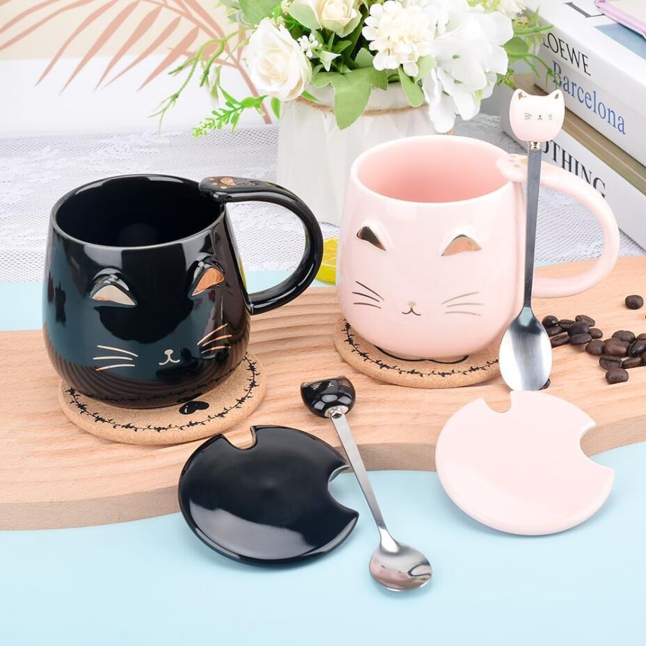 Pink Cat Ceramic Coffee Mug Gift with Spoon