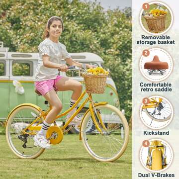 Missy 20" 24" 26" inch Girl Cruiser 6-Speed Hybrid City Bicycle for Youth Over 6 Years Old with Wicker Basket & Lightweight, Multiple Colors