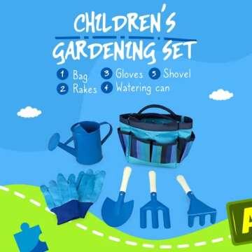 Taylor Toy Kids Blue Gardening Set, Outdoor Toys, Kids Shovel, Rakes, Watering Can, & Tool Bag Set, All Ages