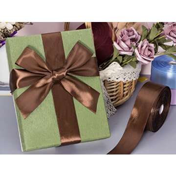 YASEO 1 1/2 Inch Brown Solid Satin Ribbon, 50 Yards Craft Fabric Ribbon for Gift Wrapping Floral Bouquets Wedding Party Decoration