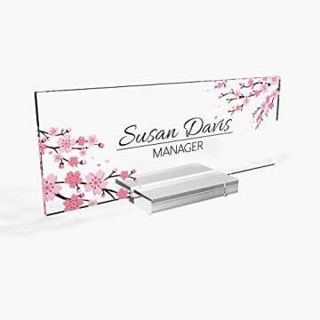 Personalized nameplate Desk Decor Office Unique Gift Custom Logo tech Desk Custom Name Plate for him and her Occasion Gift for teacher frineds (8"x2.5") (cherry blossom)