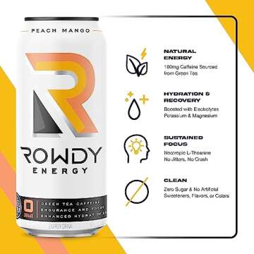 Rowdy Energy Drink, Peach Mango, Sugar Free - Natural Caffeine, Electrolytes | Hydration, Workout Performance, Focus, Recovery | B Vitamins and Keto-Friendly, 16 Fl Oz (12 Pack)