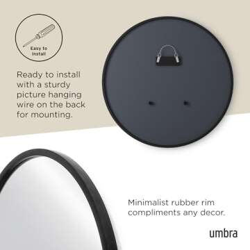 Umbra Hub Round Wall Mirror with Rubber Frame, Modern Style for Bathroom, Entryway, Living Room and More, 37-Inch, Black