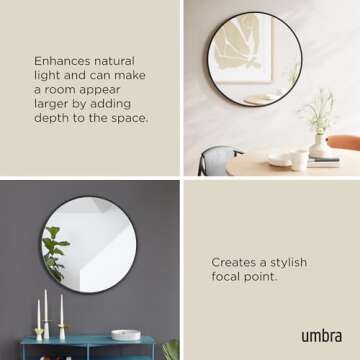 Umbra Hub Round Wall Mirror with Rubber Frame, Modern Style for Bathroom, Entryway, Living Room and More, 37-Inch, Black