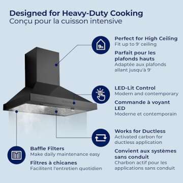 Hauslane | Chef Series 30" WM-590 | Black Stainless Steel Fingerprint and Smudge Resistant | 3 Speed Wall Mount Kitchen Fan | Easy Clean Baffle Filters, LED | Duct or Ductless Options