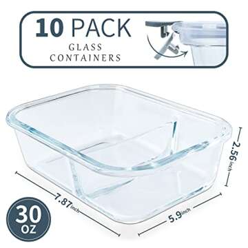 KOMUEE 10 Packs 30oz Glass Meal Prep Containers 2 Compartments,Glass Food Storage Containers with Lids,Airtight Lunch Bento Boxes,Microwave,Oven,Freezer and Dishwasher Safe