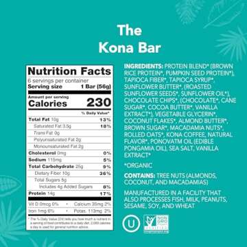 ALOHA Organic Plant Based Protein Bars | The Kona Bar - Special Edition | 6 Count, 1.98oz Bars | Vegan, Low Sugar, Gluten Free, Paleo, Low Carb, Non-GMO, Stevia Free, Soy Free, No Erythritol