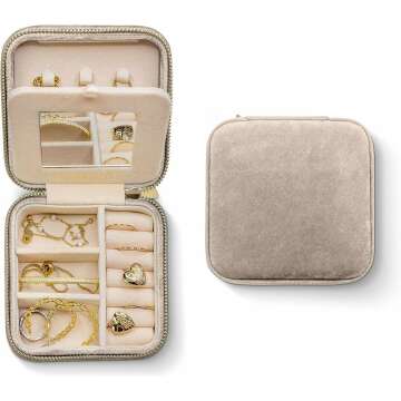 Plush Velvet Travel Jewelry Organizer Box | Travel Jewelry Case Jewelry Boxes for Women | Jewelry Travel Organizer, Jewelry Travel Case for Women | Earring Organizer with Mirror - Sage