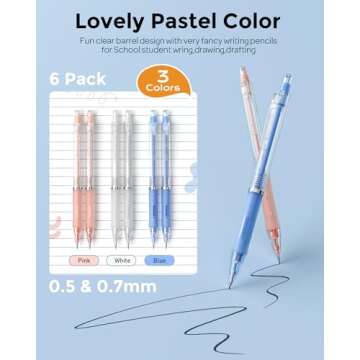 Nicpro 23PCS Pastel Mechanical Pencil 0.5 & 0.7 mm with Case for School, with 12 tubes HB Lead Refills, 3 Erasers, 9 Eraser Refills For Student Writing, Drawing, Sketching, Blue & Pink & White Colors