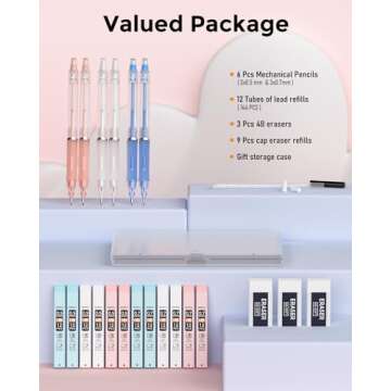 Nicpro 23PCS Pastel Mechanical Pencil 0.5 & 0.7 mm with Case for School, with 12 tubes HB Lead Refills, 3 Erasers, 9 Eraser Refills For Student Writing, Drawing, Sketching, Blue & Pink & White Colors