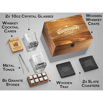 Mixology Whiskey Stones Gift Set for Men - Pack of 2, 10 oz Whiskey Glasses w/ 8 Granite Chilling Rocks, 2 Coasters, Metal Tong & Cocktail Cards in Wooden Box - Square