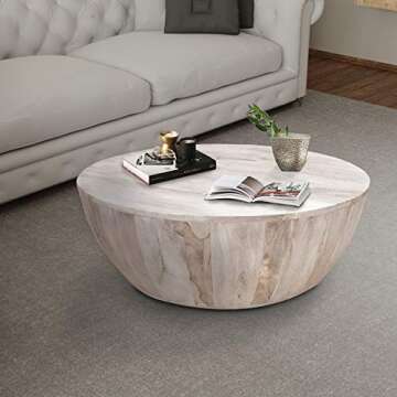 The Urban Port 12-Inch Height Round Mango Wood Coffee Table, Subtle Grains, Distressed White