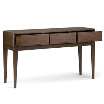 SIMPLIHOME Harper SOLID WOOD 54 inch Wide Mid Century Modern Console Sofa Entryway Table in Walnut Brown with Storage, 3 Drawers , for the Living Room, Entryway and Bedroom