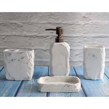 Hymmah Marble Bathroom Accessories Set,Marble Design Toothbrush Holder,Farmhouse Bathroom Decor,4 Pcs Resin Gift Set Apartment Necessities, Contain Toothbrush Cup,Soap Dispenser,Soap Dish,Tumbler