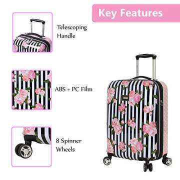 Betsey Johnson Designer 20 Inch Carry On - Expandable (ABS + PC) Hardside Luggage - Lightweight Durable Suitcase With 8-Rolling Spinner Wheels for Women (Stripe Roses)