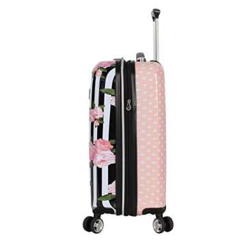 Betsey Johnson Designer 20 Inch Carry On - Expandable (ABS + PC) Hardside Luggage - Lightweight Durable Suitcase With 8-Rolling Spinner Wheels for Women (Stripe Roses)