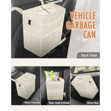 Pritent Car Trash Can with Lid, Cute Leakproof Car Trash Garbage Bag Hanging Vehicle Trash Bin Small Portable Automotive Garbage Cans Organizer for Back/Front Seat(Trapezoid,Beige