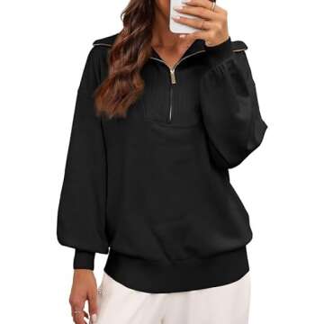 Dokotoo Womens 1/4 Zip Pullover Long Sleeve Oversized Sweatshirt for Women 2024 Fashion Lapel V Neck Fall Sweaters Black Fall Winter Outfits Clothes Small