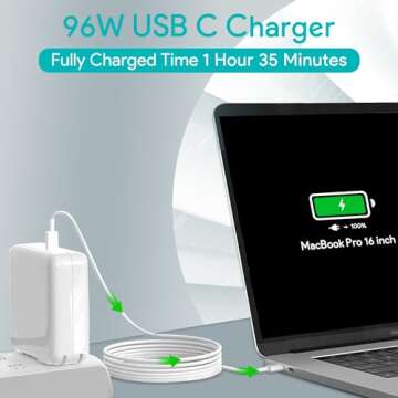 Mac Book Pro Charger - 96W USB C Charger Fast Charger for USB C Port MacBook pro & MacBook Air, ipad Pro, Samsung Galaxy and All USB C Device, 6.6 ft USB C to USB C Cable Included