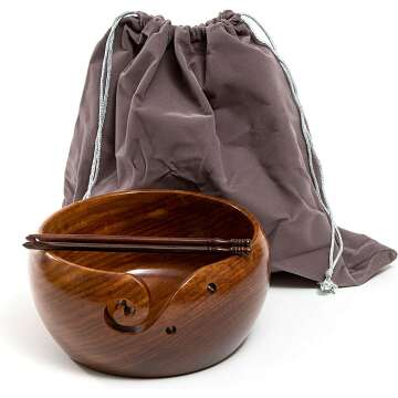 Eunoia Wooden Yarn Bowl Holder | Handmade Knitting Wool Storage Basket with Holes for Knitting, Crocheting, Home & Garden Arts, Crafts & Sewing | Free Wood Crochet Hook & Travel Bag - 7" x 4"
