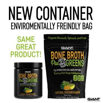 Giant Sports Bone Broth Collagen Plus Greens | Organic Super Greens Powder + Delicious Collagen Protein Powder Mix | Paleo and Keto Friendly | Natural Chicken Flavor 14 Servings