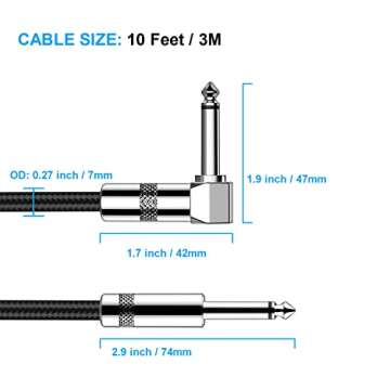 New bee Guitar Cable 10ft Electric Instrument Bass AMP Cord for Electric Mandolin, Pro Audio (Right Angle to Straight, Black)