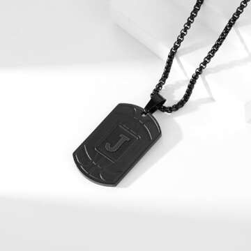 Basketball Initial A-Z Dog Tag Necklace for Men Basketball Charm Pendant Stainless Steel Chain 22+2 Inches Personalized Sports Athletes Jewelry Basketball Gift for Men(Black-J)