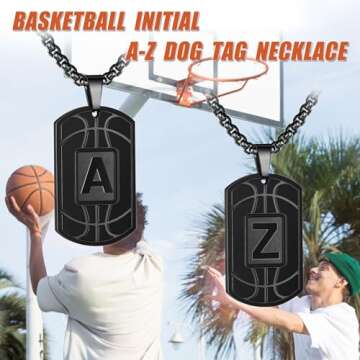 Basketball Initial A-Z Dog Tag Necklace for Men Basketball Charm Pendant Stainless Steel Chain 22+2 Inches Personalized Sports Athletes Jewelry Basketball Gift for Men(Black-J)